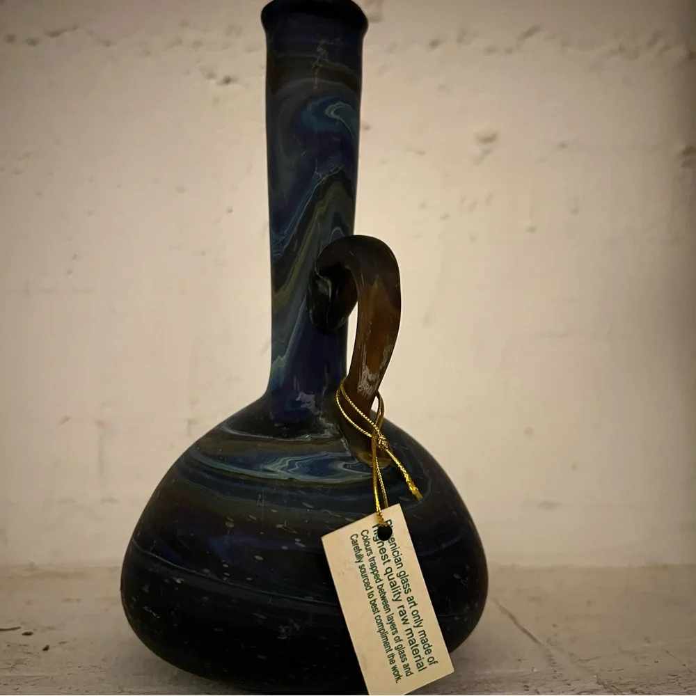NEW Mini Blue Glass Pitcher Jar Long Neck Vase Phoenician Hebron Glass